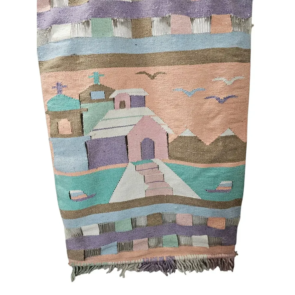 Vintage Southwest Pueblo Mountain Town Wool Woven Wall Hanging 45